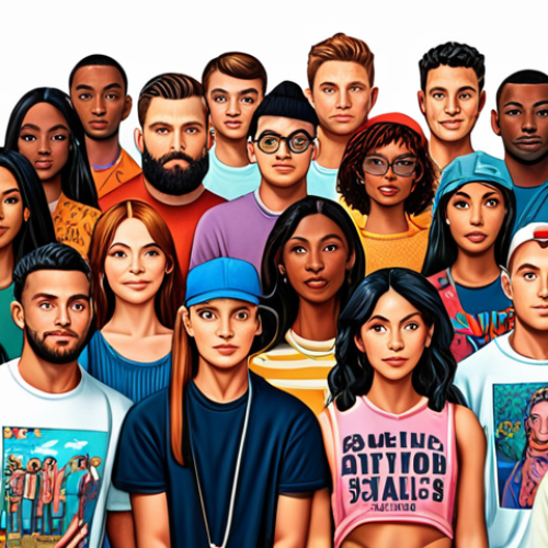 Home 17 **Vibrant illustration of a diverse group of people wearing unique and artistic merchandise designs, showcasing the power of illustration and personalized typography. Background elements emphasize creativity and individuality, capturing the essence of connecting with an audience through impactful designs.**