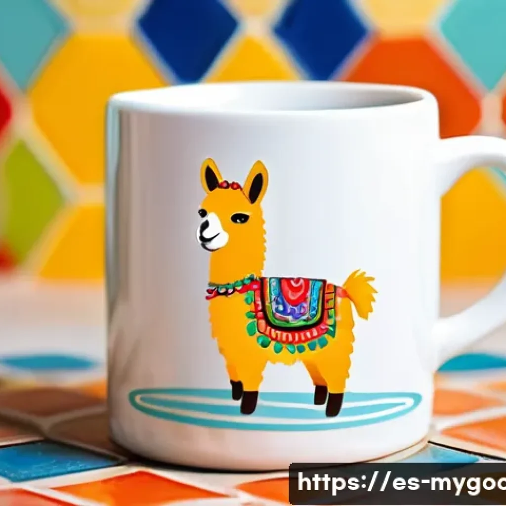 아트굿즈 제작하는 방법 - **Prompt:** A cheerful illustration of a ceramic mug with a cute, cartoon-style llama wearing a somb...
