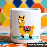 아트굿즈 제작하는 방법 - **Prompt:** A cheerful illustration of a ceramic mug with a cute, cartoon-style llama wearing a somb...