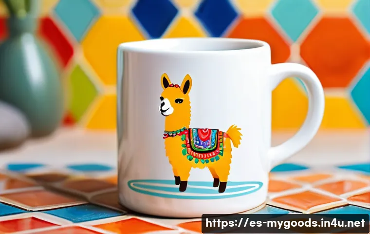 아트굿즈 제작하는 방법 - **Prompt:** A cheerful illustration of a ceramic mug with a cute, cartoon-style llama wearing a somb...