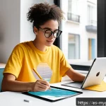 굿즈 제작용 디자인 툴 추천 - A modern, bright workspace featuring a young Hispanic designer using a tablet with Procreate app ope...