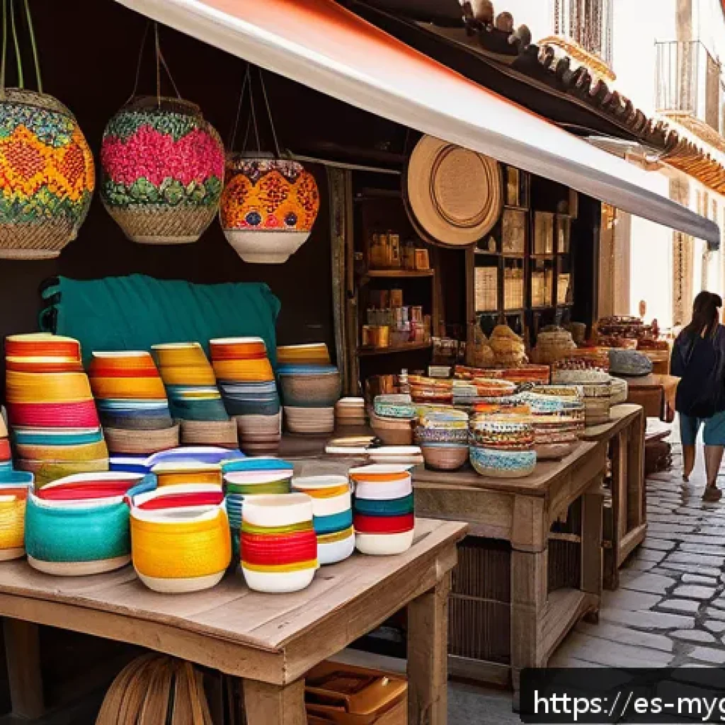 굿즈 제작 후 판매 마케팅 전략 - A vibrant local artisan market scene in a Spanish-speaking city, featuring a variety of personalized...