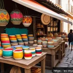 굿즈 제작 후 판매 마케팅 전략 - A vibrant local artisan market scene in a Spanish-speaking city, featuring a variety of personalized...