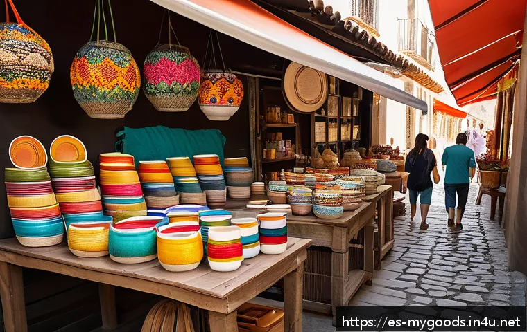 굿즈 제작 후 판매 마케팅 전략 - A vibrant local artisan market scene in a Spanish-speaking city, featuring a variety of personalized...