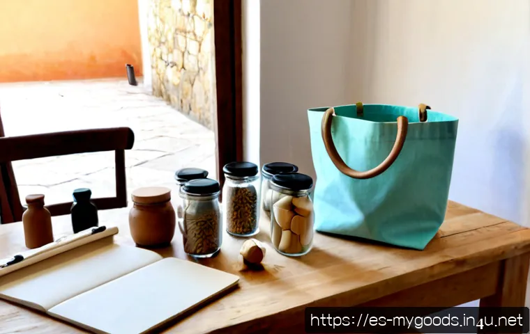 Home 17 친환경 굿즈 제작 방법 - Photorealistic small eco-friendly merchandise workshop in Spain, artisan assembling reusable organic...